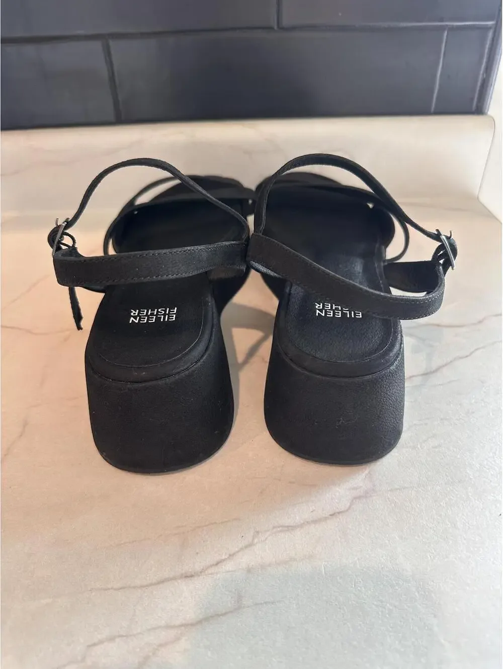 NEW Eileen Fisher Dae Leather Wedge Platform Strappy Sandals Black Women’s sz 10 - Picture 4 of 15